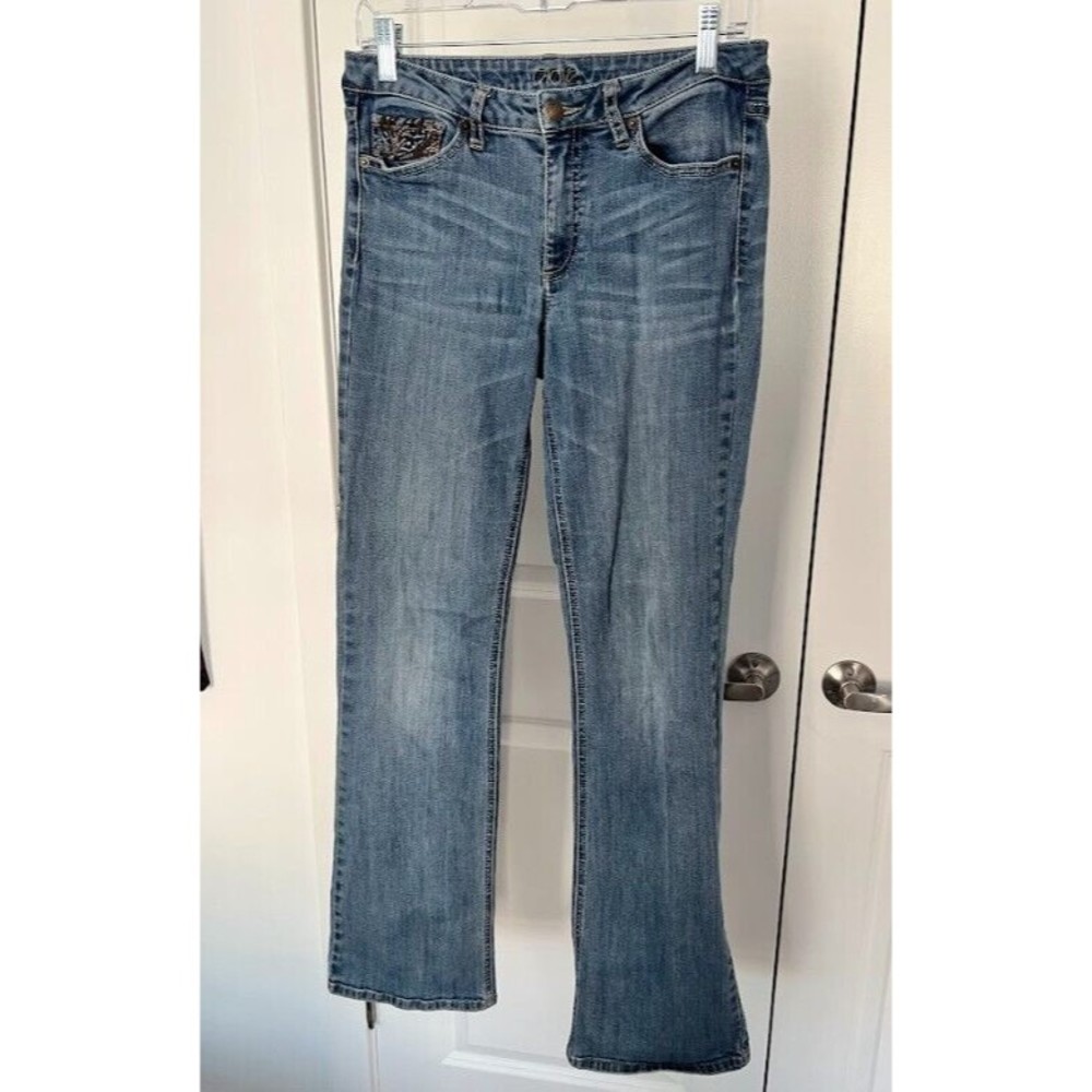 CACHE Jeans Size 10 Rhinestone swirl stitched Pockets Stonewashed wide leg boot
